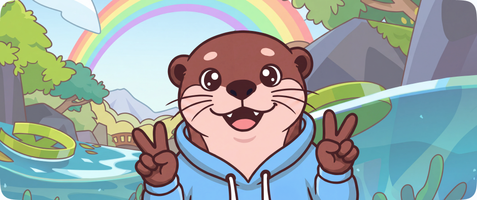 Max the otter throwing peace signs in front of a rainbow over the pond